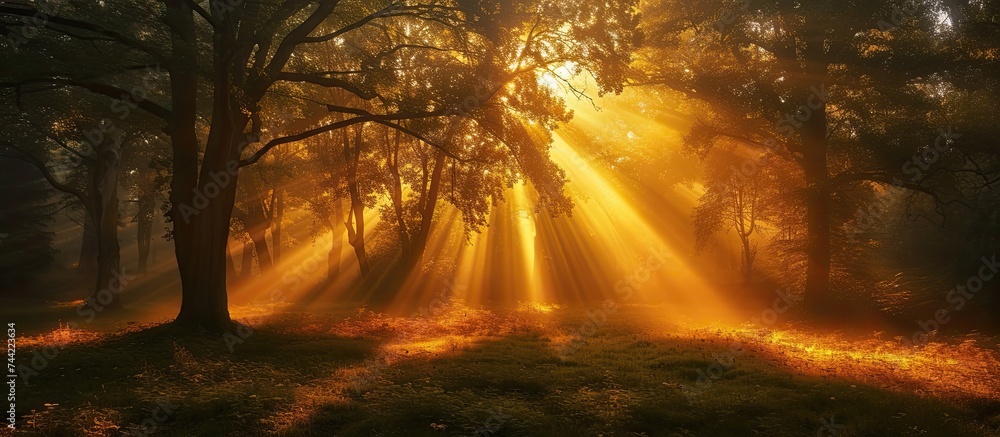 A forest filled with numerous trees is beautifully illuminated by sunlight, creating a captivating scene.