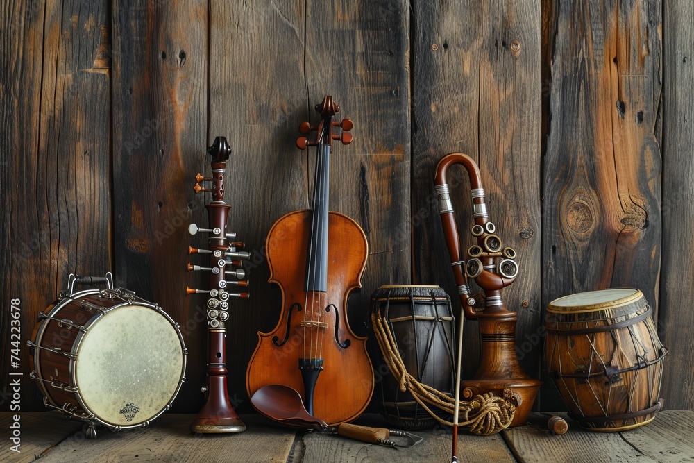 Naklejka premium Ensemble of classical music instruments, woodwind and drum, on aged wood, artistic music background, copy space