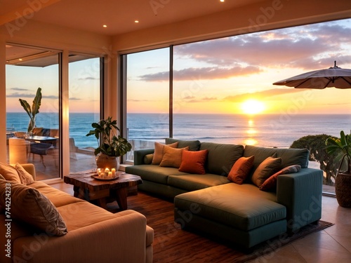Beautiful relaxation room with sofas, large windows through which you can see the ocean. Evening sunset