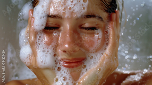 Beauty female  washing face  touching her face with her hands with soap foam