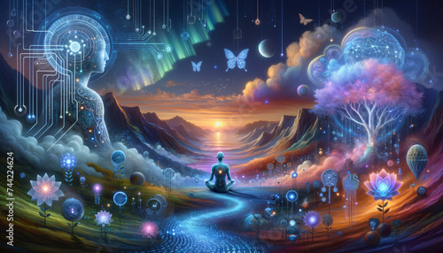 Surreal AI Opportunities: Ethereal humanoid amidst a dreamlike landscape of data and nature.