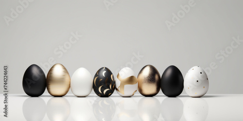 Eight luxury Easter eggs in an elegant black, gold, and white palette on a reflective surface, showcasing modern sophistication. For luxury upscale Easter marketing and minimalist design concepts