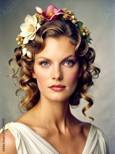 Natürliche schöne Frau mit Blumen im Haar.