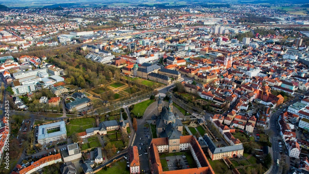 Aerial of the downtown in Fulda in Hesse, Germany on a sunny day in autumn