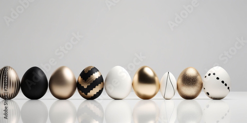 Easter eggs in a row in an elegant black, gold, and white palette on a reflective surface, showcasing modern sophistication. For luxury upscale Easter marketing and minimalist design concepts