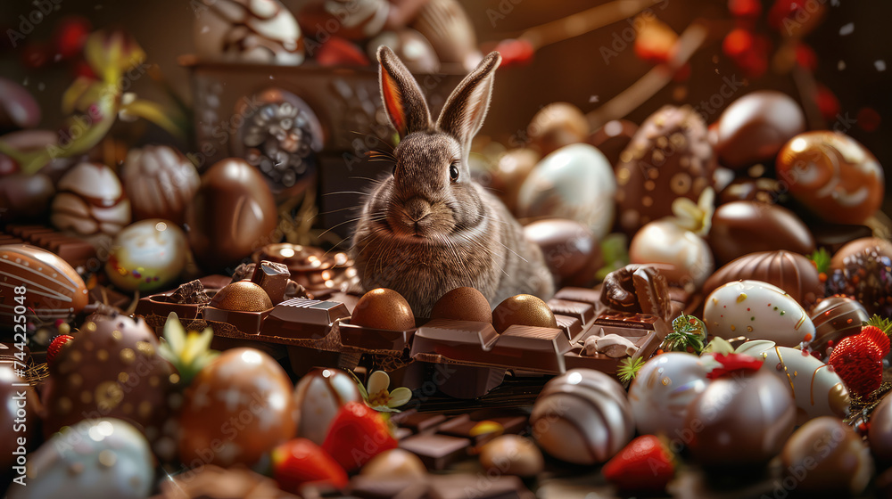 Cute Easter bunny in the middle of chocolates for Easter party concept.