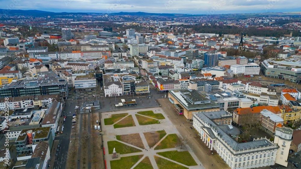 Aerial of the downtown in Kassel in Hesse, Germany on a sunny day in autumn