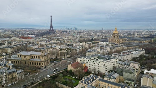 Tour Eiffel and Hotel National des Invalides, Paris cityscape, France. Aerial drone view photo