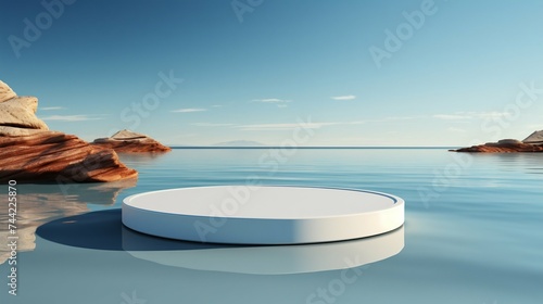 Serenity and Innovation: Product Display on Tranquil Waters. Generative ai
