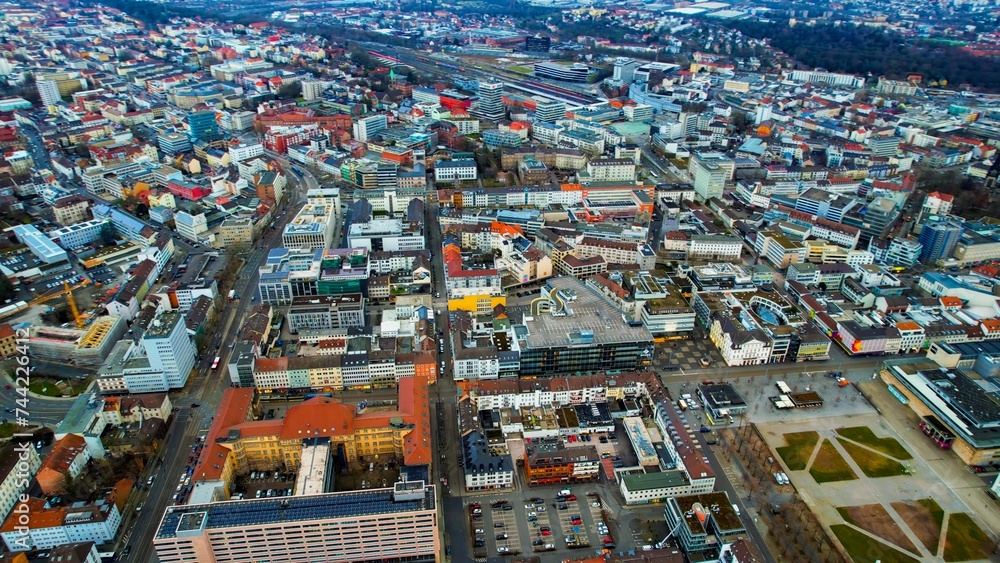 Aerial of the downtown in Kassel in Hesse, Germany on a sunny day in autumn