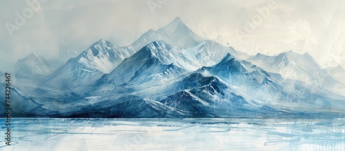 This painting showcases a glistening mountain range with an icy texture, set against a watercolor-like backdrop of the frozen Lake Baikal. © AkuAku