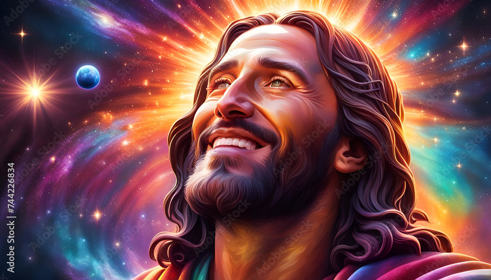 heilige Figur des Christentum Jesus lächelnd vor einem bunten Universum voller Licht leuchtend mit Sternen und Planeten, Ostern Erlöser Retter Religion Himmel gläubig Bibel Kirche Hoffnung Zuversicht heilige Figur des Christentum Jesus lächelnd vor einem bunten Universum voller Licht leuchtend mit Sternen und Planeten, Ostern Erlöser Retter Religion Himmel gläubig Bibel Kirche Hoffnung Zuversicht