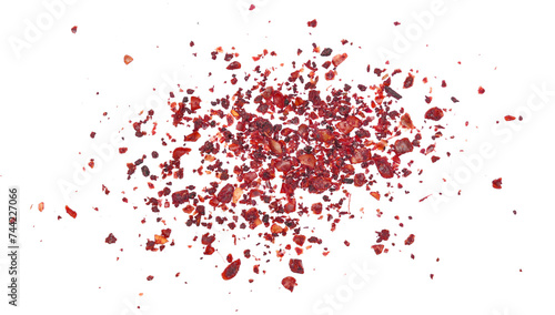 Foto Close up ground sumac spice, pile isolated on white, top view, macro