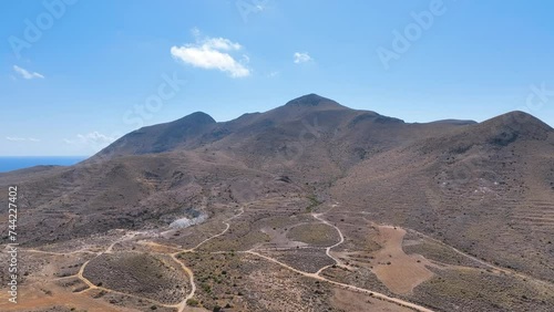 Aerial above Cabo de Gata desert valleys walking tracks and hills Spain photo