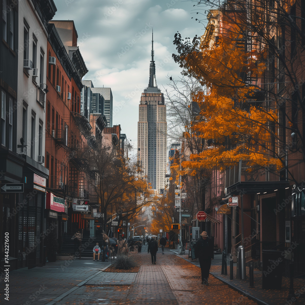 Obraz premium Autumn in New York: Empire State Building Amidst Seasonal Foliage