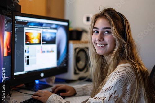 Smiling young blonde sitting in front of her desktop computer