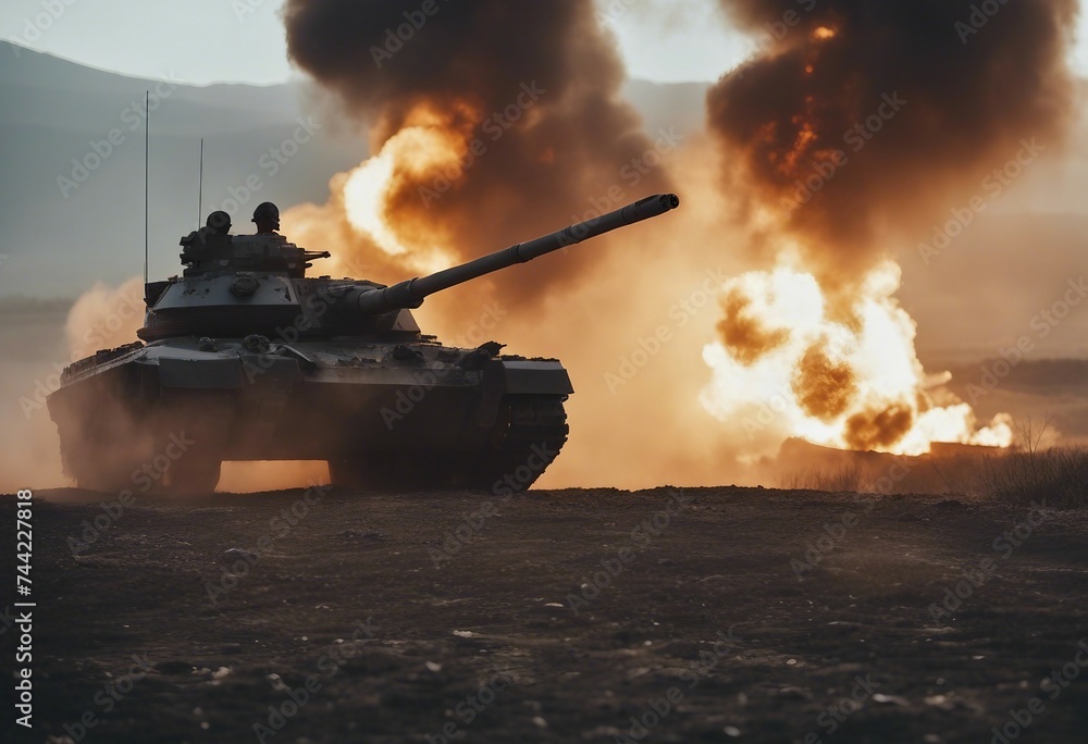A armored tank shooting of a battle field in a war bombs and explosions in the background fire smoke armor