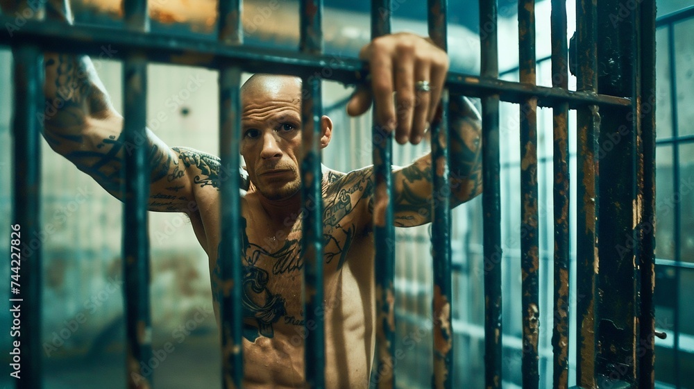 Portrait of a Tattooed Man Behind Bars. Generative ai - obrazy, fototapety, plakaty 