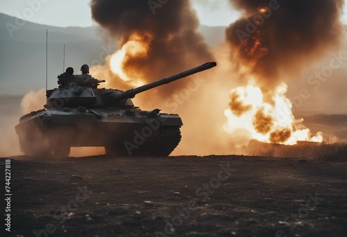 A armored tank shooting of a battle field in a war bombs and explosions in the background fire smoke armor