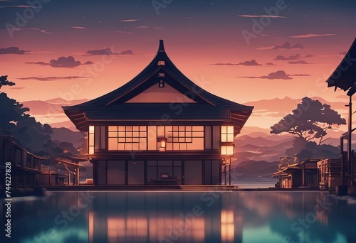 A beautiful japanese house at sea water in the late evening anime cartoonish artstyle cozy lofi Home on swimming pool