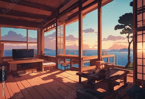 A beautiful japanese house interior at sea water in the evening anime cartoonish artstyle cozy Wooden balcony on sea