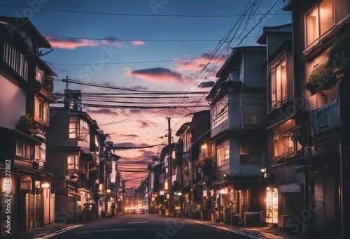 A beautiful japanese city town in the evening houses at the street anime comics artstyle cozy evening photo