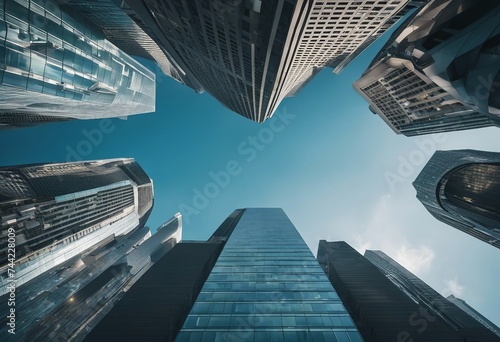 A wallpaper dekstop background photo of a modern office buildings in glass skyscrapers taken from below photo