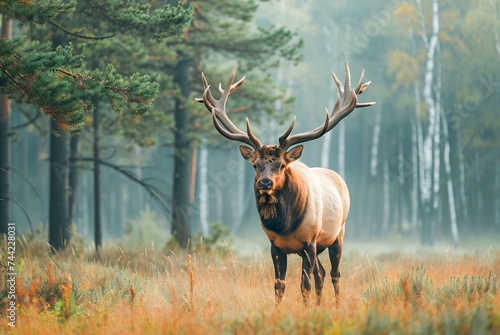 Elk Moose Cervus canadensis standing in the forest, World Wildlife Day, March