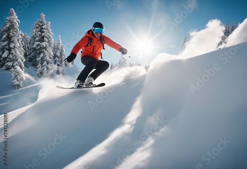 Skier jumping in the snow mountains on the slope with his prange jacket black pants and ski and professional equipment on a sunny day