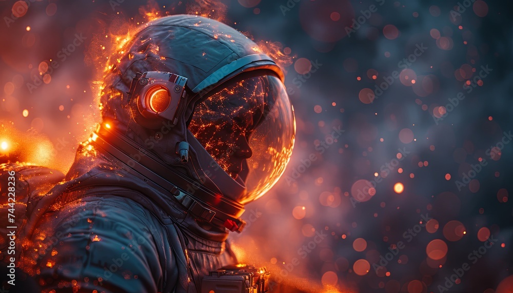 a space astronaut in space wearing a helmet, light and space suits, in the style of photo-realistic landscapes. Generative AI a space astronaut in space wearing a helmet, light and space suits, in the style of photo-realistic landscapes. Generative AI