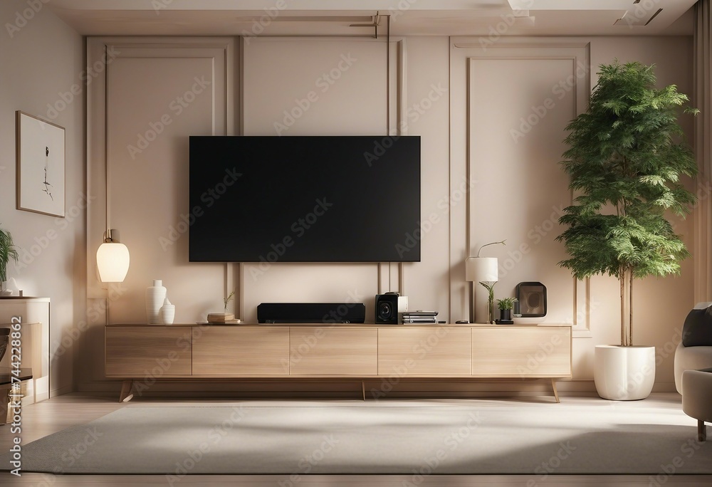 Modern interior of living room with cabinet for tv on cream color wall background Modern interior of living room with cabinet for tv on cream color wall background