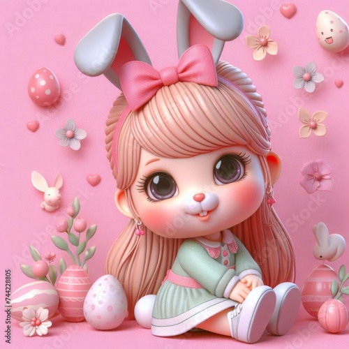 Pink Bunny Princess: 3D Tattoo Style Easter Girl Isolated © Nuwan Wickramarathne