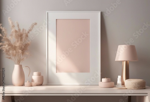 Mockup frame in interior background room in light pastel colors Scandi-Boho style Vertical artwork frame on white wooden shelf next to lamp vase and ceramics