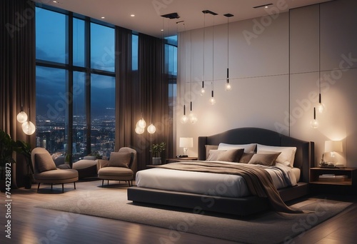 Modern luxury beautiful interior with panoramic windows Design bedroom with bright night lighting 