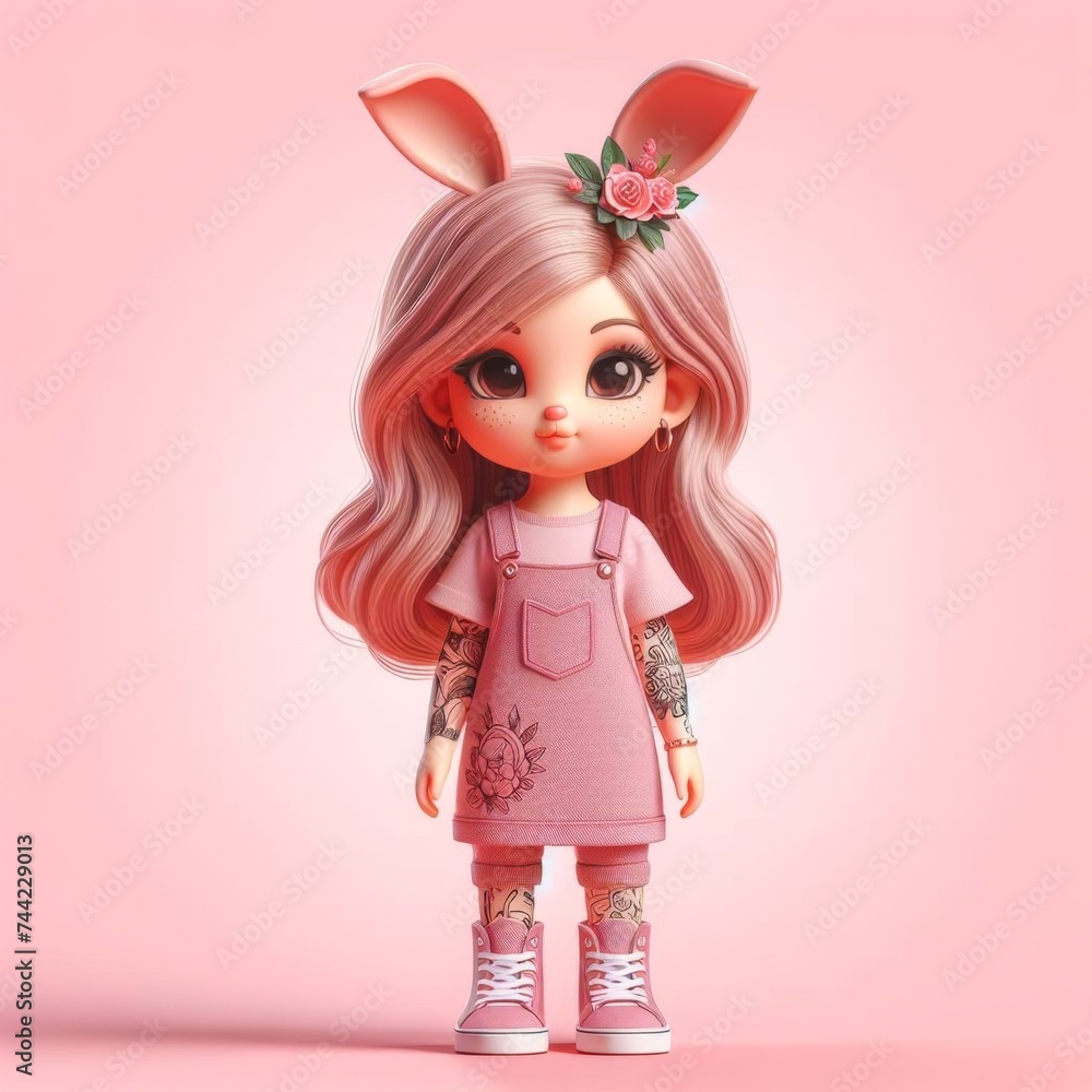 Bunny Elegance: 3D Tattoo Style Easter Girl in Pink Isolation Bunny Elegance: 3D Tattoo Style Easter Girl in Pink Isolation