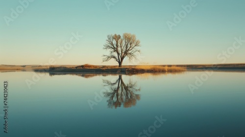 Amidst a tranquil winter sunset, a lone tree stands on a small island, its reflection mirroring the serene waters of the reservoir, creating a natural landscape that captures the beauty and abundance