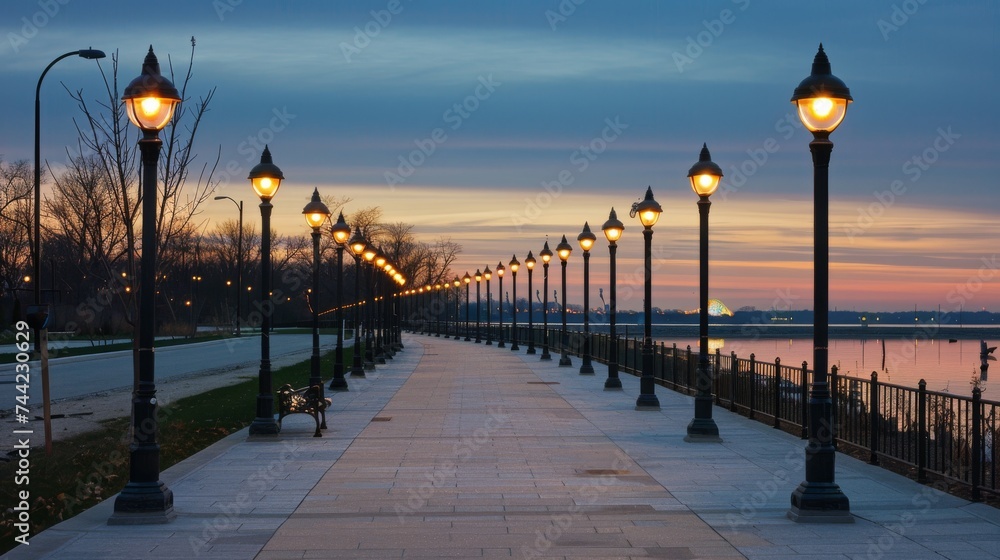 Obraz premium Twinkling lights guide the way along the waterfront boardwalk, as the sky transitions from a vibrant sunset to a starry night over the city