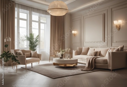 Contemporary classic light beige interior with furniture and decor Decoration panels Luxurious living room