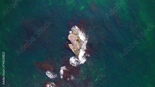 Drone view descending above a rock in the middle of the sea, where birds are resting photo