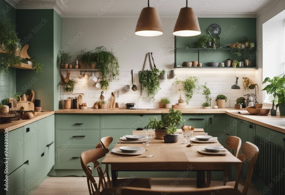 Boho scandinavian interior design kitchen room with island dining table and green furniture a lot of plants on shelves