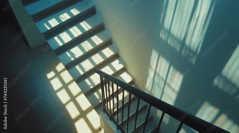A symmetrical staircase, bathed in natural light through large windows, stands tall and elegant in a beautifully designed building, with the shadows and handrails creating an abstract and captivating A symmetrical staircase, bathed in natural light through large windows, stands tall and elegant in a beautifully designed building, with the shadows and handrails creating an abstract and captivating