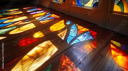 Sunlight dances through the intricate stained glass window, casting a kaleidoscope of colors onto the church's floor, adding a touch of ethereal beauty to the indoor space