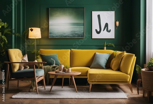 Home multicolor interior mock-up with green color wall chair lamp and yellow sofa wooden table and two artworks on the green wall