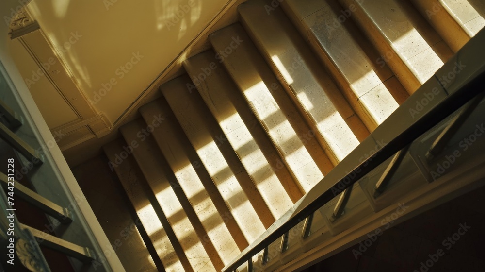 A stunning display of architectural symmetry and natural daylighting creates a captivating scene as the indoor staircase leads the eye towards a beautifully lit window, framed by the textured walls a A stunning display of architectural symmetry and natural daylighting creates a captivating scene as the indoor staircase leads the eye towards a beautifully lit window, framed by the textured walls a