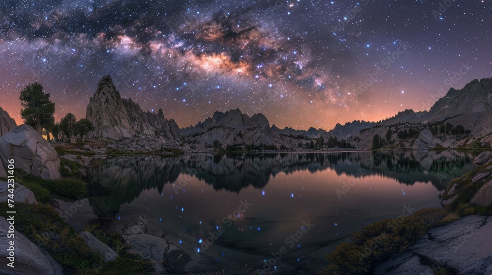 Under a blanket of twinkling stars, a serene lake mirrors the majestic mountains and the mysterious beauty of the milky way above