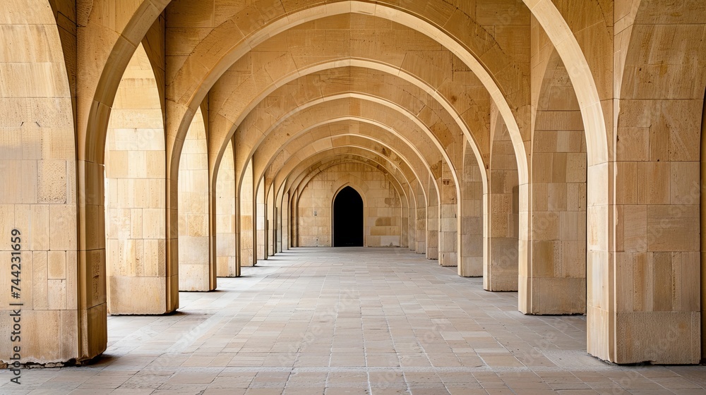 The grand building's outdoor arcade, with its perfectly symmetrical arches and columns, leads to an indoor cloister with vaulted ceilings and a crypt-like atmosphere