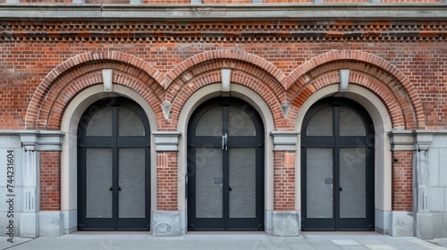 A symmetrical row of large arched doorways adorns the brick facade of this outdoor building, inviting us to explore its elegant architecture and homey charm