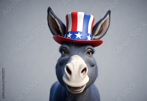 Democrat party donkey wearing Uncle Sam hat. Isolated democrat symbol photo