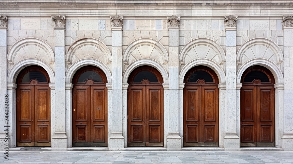 A grand entrance to a stately home, adorned with intricate molding and flanked by a row of symmetrical doors, each leading to a unique doorway within the impressive stone architecture