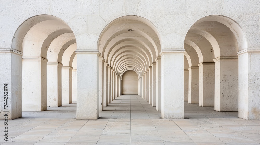 The grandeur of a white building with symmetrical arches and elegant columns evokes a sense of timeless architecture, inviting us to step into its arcade and explore the outdoor world beyond its wall